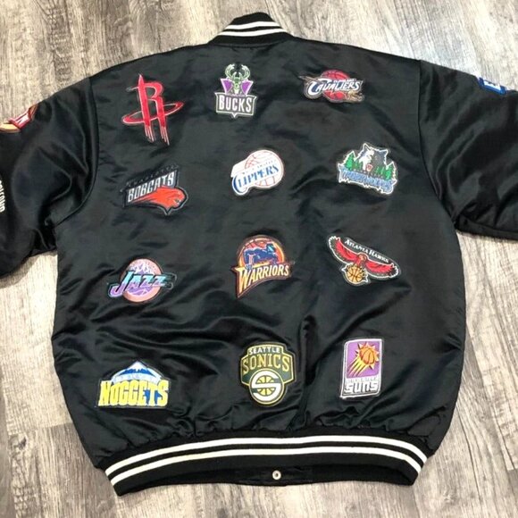 NBA Jacket All Teams Patches Jeff Hamilton Vintage SIZE XL Black Satin - Picture 2 of 8